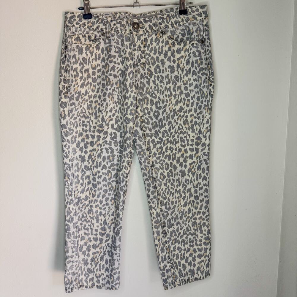 Jordache Snow Leopard Cheetah Print Skinny Crop Pants Grey White Size 4
